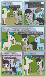 Size: 1920x3169 | Tagged: safe, artist:alexdti, beauty brass, octavia melody, oc, oc:star logic, earth pony, pony, unicorn, comic:quest for friendship, g4, ^^, black mane, black tail, comic, dialogue, eye contact, eyes closed, female, floppy ears, green eyes, gritted teeth, holding hooves, hoof over mouth, horn, looking at each other, looking back, male, mare, open mouth, outdoors, purple eyes, raised hoof, raised leg, shadow, speech bubble, stallion, standing, tail, two toned mane, unicorn oc