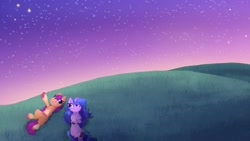 Size: 3840x2160 | Tagged: safe, artist:lbrcloud, izzy moonbow, sunny starscout, earth pony, pony, unicorn, g5, my little pony: a new generation, chest fluff, duo, high res, lying down, on back, smiling, stars, twilight (astronomy)