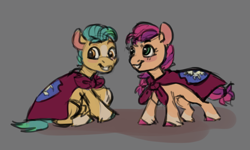 Size: 828x496 | Tagged: safe, artist:purple-blep, hitch trailblazer, sunny starscout, earth pony, pony, g5, my little pony: a new generation, cape, clothes, cmc cape, colt, colt hitch trailblazer, cute, drawthread, duo, female, filly, filly sunny starscout, hitchbetes, male, requested art, simple background, sunnybetes, unshorn fetlocks, younger