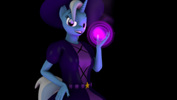 Size: 1920x1080 | Tagged: safe, artist:mlpstevepvb, trixie, unicorn, anthro, g4, 3d, black background, clothes, eyelashes, female, hand, hat, horn, lipstick, looking at you, magic, simple background, source filmmaker, tail, witch, witch hat
