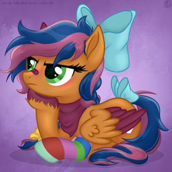 Size: 2856x2854 | Tagged: safe, artist:108-zeroforce, artist:starshade, oc, oc only, oc:solar comet, pegasus, pony, g4, 2021, bandaid, bandaid on nose, base used, bow, brown body, clothes, colored wings, commission, cute, disguise, disguised changedling, eyelashes, femboy, folded wings, gradient background, green eyes, hair bow, high res, kerchief, male, purple background, simple background, socks, solo, stallion, starry eyes, striped socks, tail, tail bow, trap, two toned wings, underhoof, wingding eyes, wings, ych result