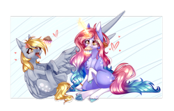 Size: 2970x1902 | Tagged: safe, artist:honeybbear, derpy hooves, oc, pony, unicorn, g4, female, food, heart, magic, magic aura, mare, muffin, tongue out, unshorn fetlocks