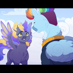 Size: 3464x3464 | Tagged: safe, artist:theartfox2468, rainbow dash, oc, oc:lightning bolt spectrum, pegasus, pony, g4, alternate hairstyle, chest fluff, clothes, cloud, duo, female, gritted teeth, high res, jacket, mare, markings, mother and child, multicolored hair, nonbinary, offspring, older, older rainbow dash, parent:rainbow dash, parent:soarin', parents:soarindash, redesign, sad, sky