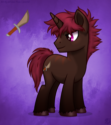 Size: 3185x3570 | Tagged: safe, artist:108-zeroforce, artist:starshade, oc, oc only, oc:serrated verge, pony, unicorn, g4, 2021, base used, brown body, commission, cute, gradient background, high res, male, purple background, purple eyes, simple background, solo, stallion, starry eyes, wingding eyes, ych result