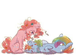 Size: 4000x2900 | Tagged: safe, artist:colorbrush, pinkie pie, rainbow dash, earth pony, pegasus, pony, g4, blush sticker, blushing, chest fluff, duo, ear fluff, eyes closed, face paint, female, flower, flower in hair, folded wings, hair accessory, heart, high res, looking at someone, looking down, lying down, mare, mouth hold, on back, onomatopoeia, outline, pencil, profile, simple background, sitting, sleeping, smiling, sound effects, white background, wings, zzz