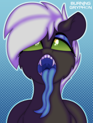 Size: 3000x4000 | Tagged: safe, artist:jacqueling, oc, oc only, oc:jack sunshine, changeling, changeling oc, fangs, green eyes, long tongue, male, mawshot, open mouth, solo, throat, tongue out