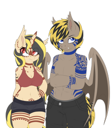 Size: 3500x4000 | Tagged: safe, oc, oc only, oc:ree, oc:rii, bat pony, unicorn, anthro, unguligrade anthro, abs, bra, clothes, fangs, female, male, male nipples, nipples, nudity, shorts, simple background, transparent background, tribal markings, underwear