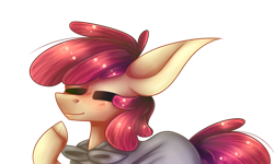 Size: 1024x614 | Tagged: safe, artist:hoshikostarfell, apple bloom, earth pony, pony, g4, cape, clothes, eyes closed, female, filly, simple background, solo, transparent background