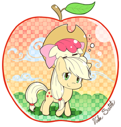 Size: 814x850 | Tagged: safe, artist:banzatou, apple bloom, applejack, earth pony, pony, g4, adorabloom, apple, apple bloom riding applejack, applejack's hat, apples to the core, chibi, clothes, cowboy hat, cute, eyes closed, female, filly, food, hat, jackabetes, looking at you, mare, raised hoof, signature, simple background, sisters, sleeping, smiling, transparent background