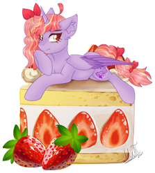 Size: 2070x2316 | Tagged: safe, artist:greenmarta, oc, oc only, alicorn, pony, alicorn oc, cake, commission, commissioner:aurplestarss, female, food, high res, horn, lying down, prone, simple background, solo, strawberry, transparent background, wings, ych result