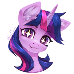 Size: 1500x1500 | Tagged: safe, artist:inowiseei, twilight sparkle, pony, collaboration:too many twilight, g4, bust, collaboration, ear fluff, eyebrows, eyebrows visible through hair, female, horn, lip bite, looking at you, portrait, simple background, solo, sparkly eyes, white background, wingding eyes