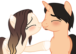 Size: 1280x916 | Tagged: safe, artist:cindystarlight, oc, oc only, oc:cindy, oc:jack, pegasus, pony, unicorn, blushing, boop, coat markings, eyes closed, female, folded wings, horn, male, mare, nose wrinkle, noseboop, outline, pegasus oc, show accurate, simple background, stallion, transparent background, unicorn oc, white outline, wings