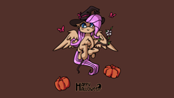 Size: 1920x1080 | Tagged: safe, artist:haku nichiya, fluttershy, butterfly, pegasus, pony, g4, brown background, female, halloween, hat, holiday, pumpkin, simple background, solo, witch hat