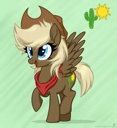 Size: 3868x4224 | Tagged: safe, artist:108-zeroforce, artist:starshade, oc, oc only, oc:arizona belle, pegasus, pony, g4, base used, blue eyes, brown body, clothes, commission, female, gradient background, green background, mare, simple background, solo, starry eyes, tail, wingding eyes, ych result