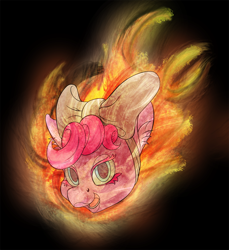 Size: 732x800 | Tagged: safe, artist:sepiakeys, pinkie pie, earth pony, pony, g4, bow, fire, hair bow, solo