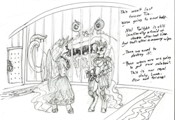 Size: 1200x821 | Tagged: safe, artist:sepiakeys, princess celestia, princess luna, anthro, unguligrade anthro, g4, clothes, dress, monochrome, quesadilla monster, they're just so cheesy, traditional art