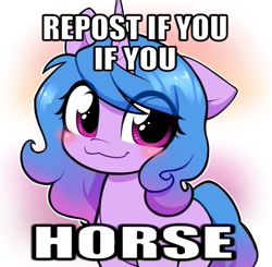Size: 1325x1298 | Tagged: safe, artist:moozua, izzy moonbow, horse, pony, unicorn, g5, my little pony: a new generation, adorawat, blushing, cute, female, horn, impact font, izzybetes, mare, meme, one ear down, repost, solo, wat