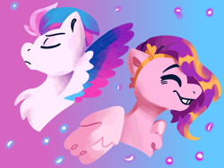 Size: 1280x960 | Tagged: safe, artist:eggishponts, pipp petals, zipp storm, pegasus, pony, g5, my little pony: a new generation, bust, duo, duo female, eyes closed, female, gradient background, mare, portrait, siblings, sisters, wings