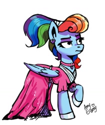 Size: 1091x1298 | Tagged: safe, artist:ami-gami, rainbow dash, pegasus, pony, g4, sparkle's seven, alternate hairstyle, clothes, dress, ear piercing, earring, eyeshadow, female, jewelry, makeup, mare, megaradash, piercing, simple background, solo, white background