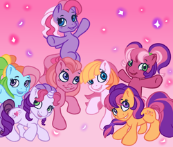 Size: 1280x1086 | Tagged: safe, artist:eggishponts, cheerilee (g3), pinkie pie (g3), rainbow dash (g3), scootaloo (g3), starsong, sweetie belle (g3), toola-roola, earth pony, pegasus, pony, unicorn, g3, g3.5, core seven, cute, female, gradient background, group, mare, simple background, smiling, sparkles