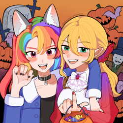 Size: 1000x1000 | Tagged: safe, artist:坦良坦影, applejack, rainbow dash, human, g4, cat ears, collar, female, halloween, holiday, humanized, lesbian, painted nails, ship:appledash, shipping, trick or treat