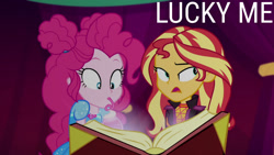 Size: 1280x720 | Tagged: safe, edit, edited screencap, editor:quoterific, screencap, pinkie pie, sunset shimmer, equestria girls, equestria girls specials, g4, my little pony equestria girls: better together, my little pony equestria girls: sunset's backstage pass, book, duo, duo female, female, frown, geode of sugar bombs, magical geodes, open mouth