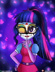 Size: 1500x1942 | Tagged: safe, artist:dieart77, sci-twi, twilight sparkle, equestria girls, g4, clothes, dia de los muertos, face paint, female, glasses, one eye closed, smiling, solo