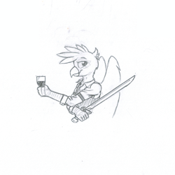 Size: 1451x1451 | Tagged: safe, artist:in3ds2, oc, oc:kalimu, griffon, alcohol, clothes, glass, male, solo, sword, traditional art, weapon, wine, wine glass