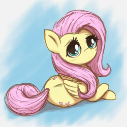 Size: 2500x2500 | Tagged: safe, artist:t72b, fluttershy, pegasus, pony, g4, both cutie marks, crossed legs, cute, daaaaaaaaaaaw, female, folded wings, gradient background, high res, looking at you, looking back, looking back at you, lying down, mare, prone, shyabetes, solo, turned head, wings