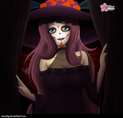 Size: 1043x1000 | Tagged: safe, artist:clouddg, fluttershy, equestria girls, g4, breasts, catrina (calavera garbancera), dia de los muertos, face paint, female, fluffy, looking at you, makeup, solo