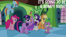 Size: 1280x720 | Tagged: safe, edit, edited screencap, editor:quoterific, screencap, applejack, pinkie pie, rainbow dash, rarity, spike, twilight sparkle, dragon, earth pony, pegasus, pony, unicorn, g4, keep calm and flutter on, season 3, applejack's hat, big crown thingy, cowboy hat, element of generosity, element of honesty, element of laughter, element of loyalty, element of magic, female, hat, jewelry, male, mare, regalia, unicorn twilight