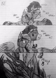 Size: 2746x3829 | Tagged: safe, artist:celestia2590, rainbow dash, soarin', pegasus, pony, g4, 3 panel comic, clothes, comic, female, high res, lined paper, male, marriage proposal, pencil drawing, ship:soarindash, shipping, straight, traditional art, uniform, wonderbolts uniform