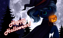 Size: 3300x2000 | Tagged: safe, artist:avrameow, oc, oc only, oc:novus flux, pony, unicorn, clothes, commission, costume, ear piercing, earring, female, freckles, full moon, halloween, halloween costume, hat, high res, holiday, jewelry, looking at you, moon, no source available, piercing, text, witch hat, ych result