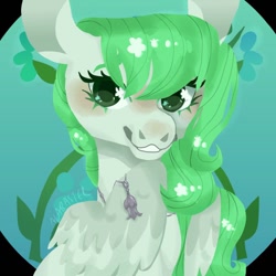 Size: 640x640 | Tagged: safe, artist:alabasterpeony, oc, oc only, oc:sparrow gale, pegasus, pony, bust, commission, female, green mane, jewelry, mare, necklace, pegasus oc, portrait, solo