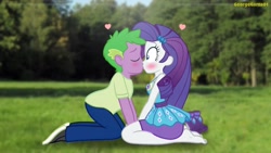 Size: 3640x2048 | Tagged: safe, artist:georgegarza01, rarity, spike, equestria girls, g4, barefoot, blushing, boyfriend and girlfriend, duo, feet, female, geode of shielding, grass, heart, high res, human spike, kiss on the lips, kissing, magical geodes, male, outdoors, rarity peplum dress, ship:sparity, shipping, show accurate, story included, straight, surprise kiss, tree