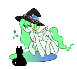 Size: 1100x1000 | Tagged: safe, artist:urlaifu, oc, oc only, oc:sparrow gale, cat, pegasus, pony, commission, female, green mane, hat, jewelry, mare, necklace, pegasus oc, simple background, solo, white background, witch hat, ych result