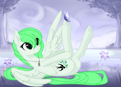 Size: 2364x1700 | Tagged: safe, artist:kawaiizhele, oc, oc only, oc:sparrow gale, butterfly, pegasus, pony, commission, female, green mane, jewelry, mare, necklace, pegasus oc, solo, ych result