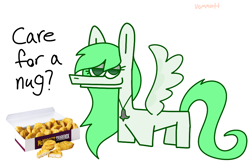 Size: 900x600 | Tagged: safe, artist:vommutt, oc, oc only, oc:sparrow gale, pegasus, pony, chicken meat, chicken nugget, commission, female, food, green mane, jewelry, mare, meat, necklace, pegasus oc, shitposting, solo, ych result