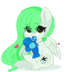 Size: 1080x1080 | Tagged: safe, artist:yomechka, oc, oc only, oc:sparrow gale, lobster, pony, animated, commission, female, gif, green mane, jewelry, necklace, plushie, simple background, solo, tail, tail wag, white background, ych animation, ych result