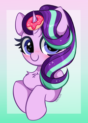 Size: 3314x4624 | Tagged: safe, artist:kittyrosie, starlight glimmer, pony, unicorn, blushing, chest fluff, cute, donut, female, food, glimmerbetes, gradient background, heart eyes, high res, horn, horn impalement, looking at you, mare, smiling, smiling at you, solo, the uses of unicorn horns, wingding eyes