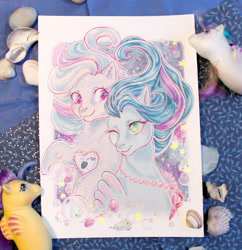 Size: 800x825 | Tagged: safe, artist:shaiyeh, oc, oc only, sea pony, seapony (g4), blue mane, bubble, flowing mane, green eyes, heart, jewelry, necklace, one eye closed, pearl necklace, red eyes, regalia, seashell, shipping, smiling, sparkles, traditional art, underwater, water, watercolor painting