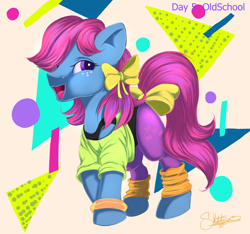 Size: 1280x1200 | Tagged: safe, artist:sketchiix3, bow tie (g1), earth pony, pony, g1, 80s, bow, clothes, freckles, hair bow, leg warmers, open mouth, open smile, signature, smiling, solo, tail