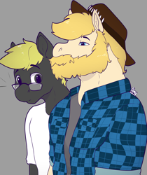 Size: 3463x4131 | Tagged: safe, artist:suchalmy, oc, oc only, oc:chase, oc:trestle, earth pony, anthro, beard, facial hair, hat, humor, meme, nordic gamer