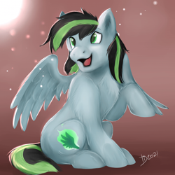 Size: 700x700 | Tagged: artist needed, source needed, safe, oc, oc only, oc:weo, pegasus, pony, gradient background, happy, male, raised hoof, solo