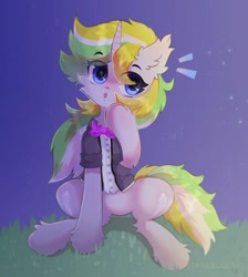 Size: 1472x1640 | Tagged: safe, artist:astralblues, oc, oc only, oc:lemonswoosh, pony, unicorn, ambiguous gender, bowtie, clothes, ear fluff, looking at you, night, sitting, solo