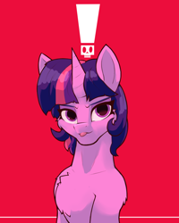 Size: 1400x1750 | Tagged: safe, artist:hc0, twilight sparkle, pony, unicorn, g4, chest fluff, exclamation point, female, horn, looking at you, mare, red background, simple background, solo, tongue out