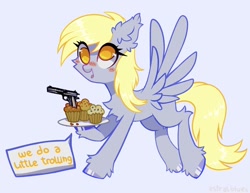 Size: 1794x1388 | Tagged: safe, artist:astralblues, derpy hooves, pegasus, pony, g4, blushing, cheek fluff, chest fluff, cupcake, ear fluff, female, fluffy, food, gun, mare, muffin, no pupils, open mouth, simple background, solo, speech bubble, trolling, weapon