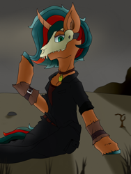 Size: 2448x3264 | Tagged: safe, artist:dvfrost, oc, oc only, pony, unicorn, fallout equestria, fallout, high res, male, mask, pony oc, ponytail, skull, solo, stallion