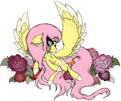 Size: 4060x3384 | Tagged: safe, alternate version, artist:beamybutt, fluttershy, pegasus, pony, g4, colored, ear fluff, female, flower, looking back, mare, rose, simple background, solo, transparent background, wings