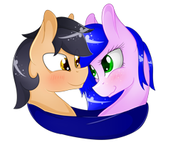 Size: 2303x2000 | Tagged: safe, artist:herusann, oc, oc only, earth pony, pony, blushing, bust, clothes, earth pony oc, eye clipping through hair, eyelashes, female, high res, looking at each other, male, mare, oc x oc, scarf, shared clothing, shared scarf, shipping, simple background, smiling, smiling at each other, stallion, straight, transparent background